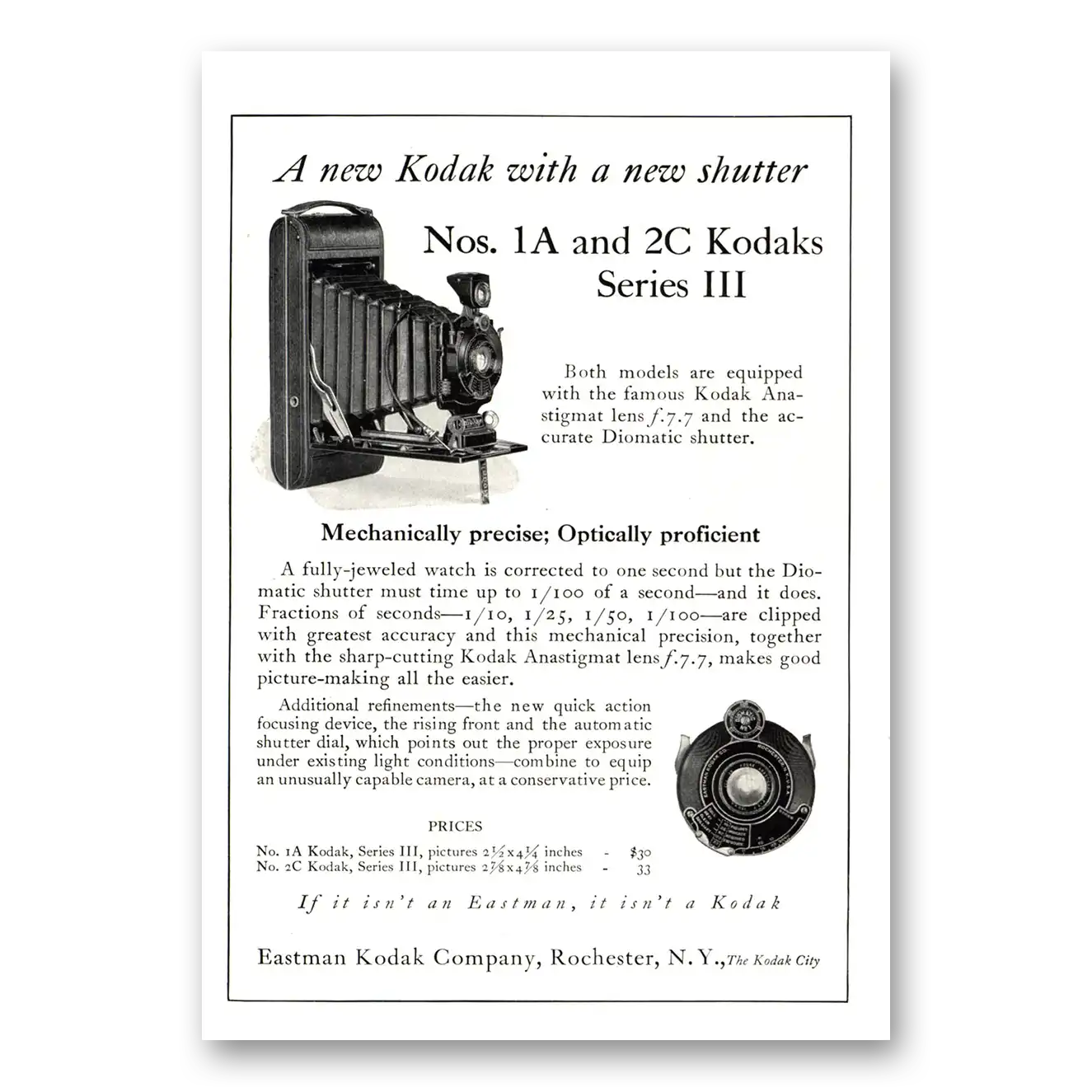 1924 Kodak Anastigmat Camera New Shutter Nos 1A 2C Vintage Magazine Print Ad