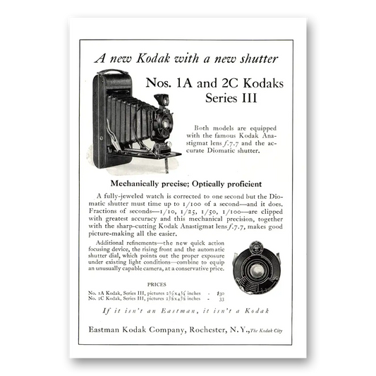 1924 Kodak Anastigmat Camera New Shutter Nos 1A 2C Vintage Magazine Print Ad