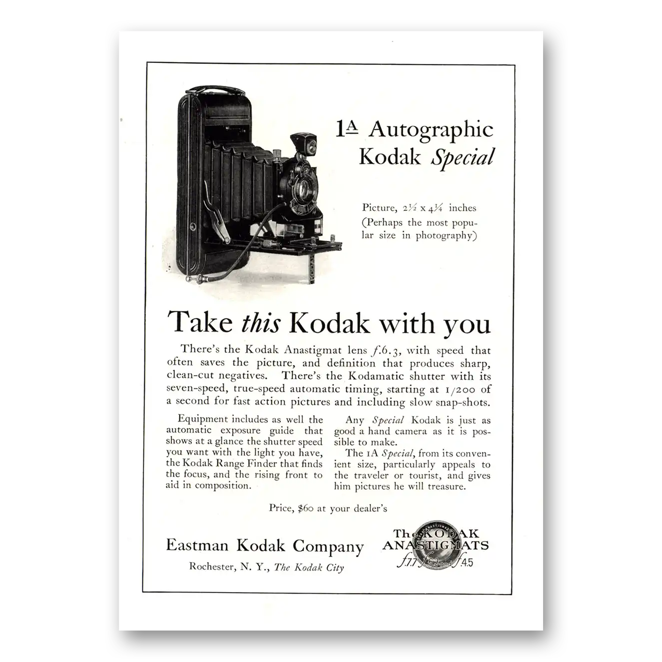 1924 Kodak Autographic Camera Take This Kodak With You Vintage Magazine Print Ad