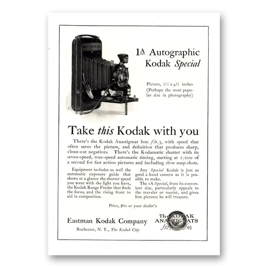 1924 Kodak Autographic Camera Take This Kodak With You Vintage Magazine Print Ad