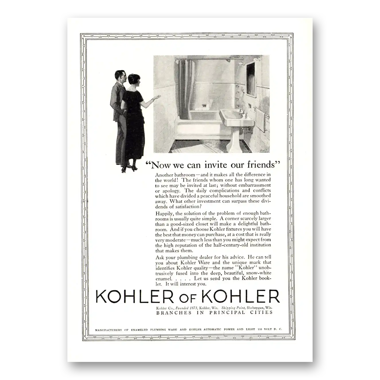 1924 Kohler Now We Can Invite Our Friends Vintage Magazine Print Ad