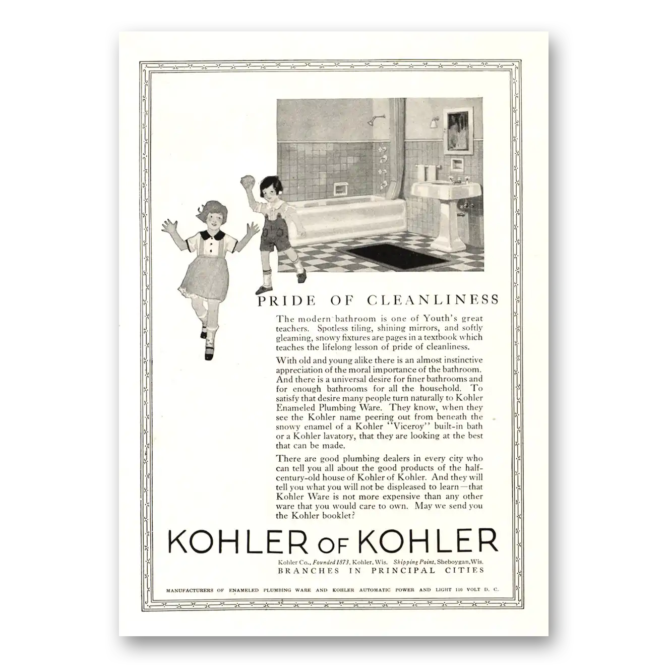 1924 Kohler Pride of Cleanliness Vintage Magazine Print Ad