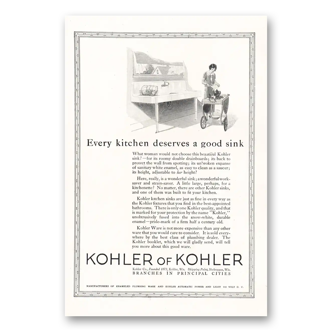 1924 Kohler Every Kitchen Deserves a Good Sink Vintage Magazine Print Ad