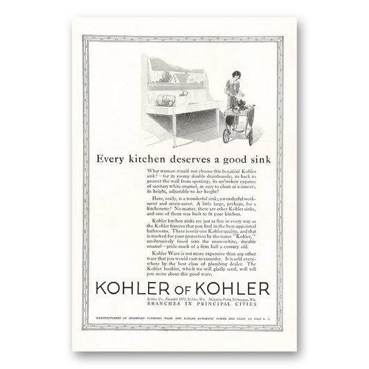 1924 Kohler Every Kitchen Deserves a Good Sink Vintage Magazine Print Ad