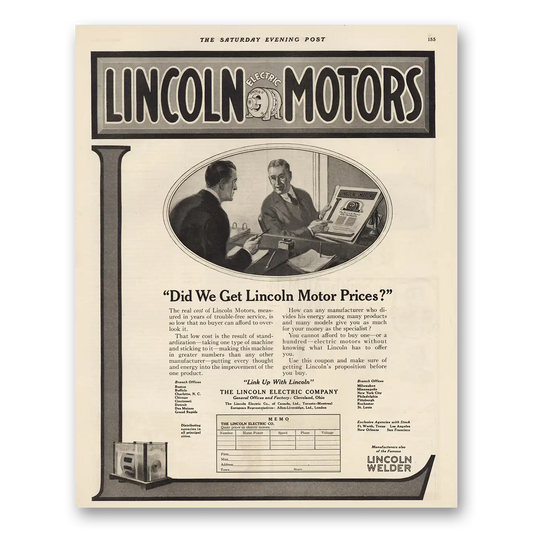 1924 Lincoln Electric Company Motor Prices Vintage Magazine Print Ad