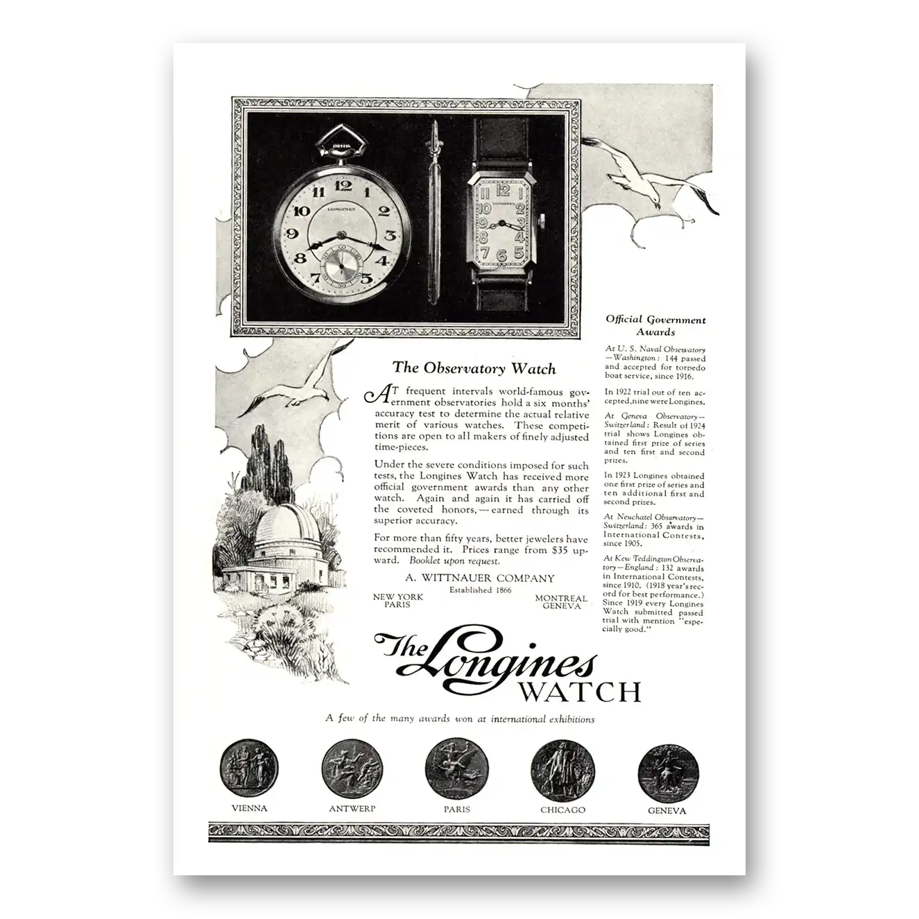 1924 Longines Wittnauer World Famous Government Observatories Vintage Magazine Print Ad