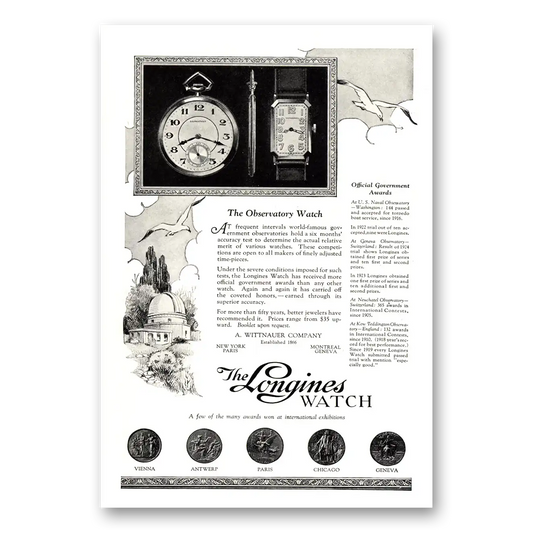 1924 Longines Wittnauer World Famous Government Observatories Vintage Magazine Print Ad