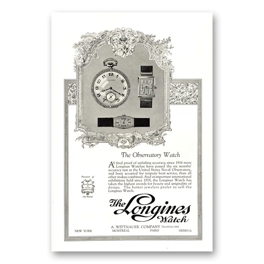 1924 Longines Wittnauer Observatory Watch Vintage Magazine Print Ad