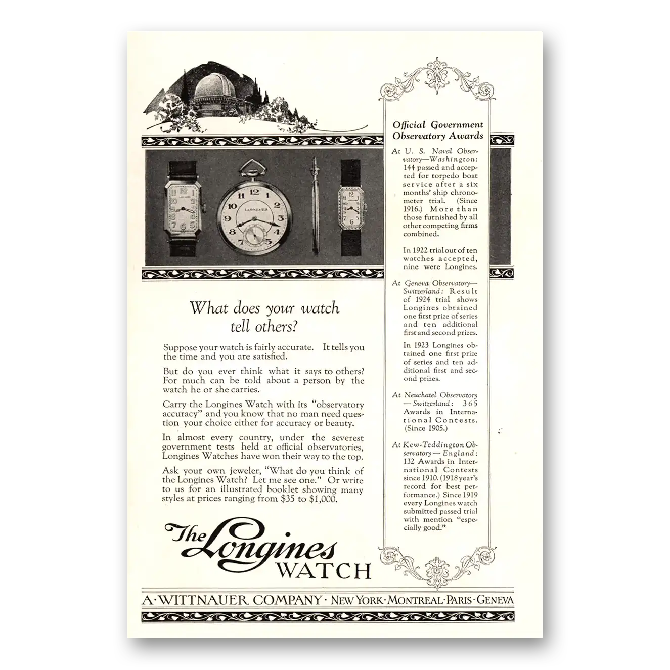 1924 Longines Wittnauer What Does Your Watch Tell Others Vintage Magazine Print Ad