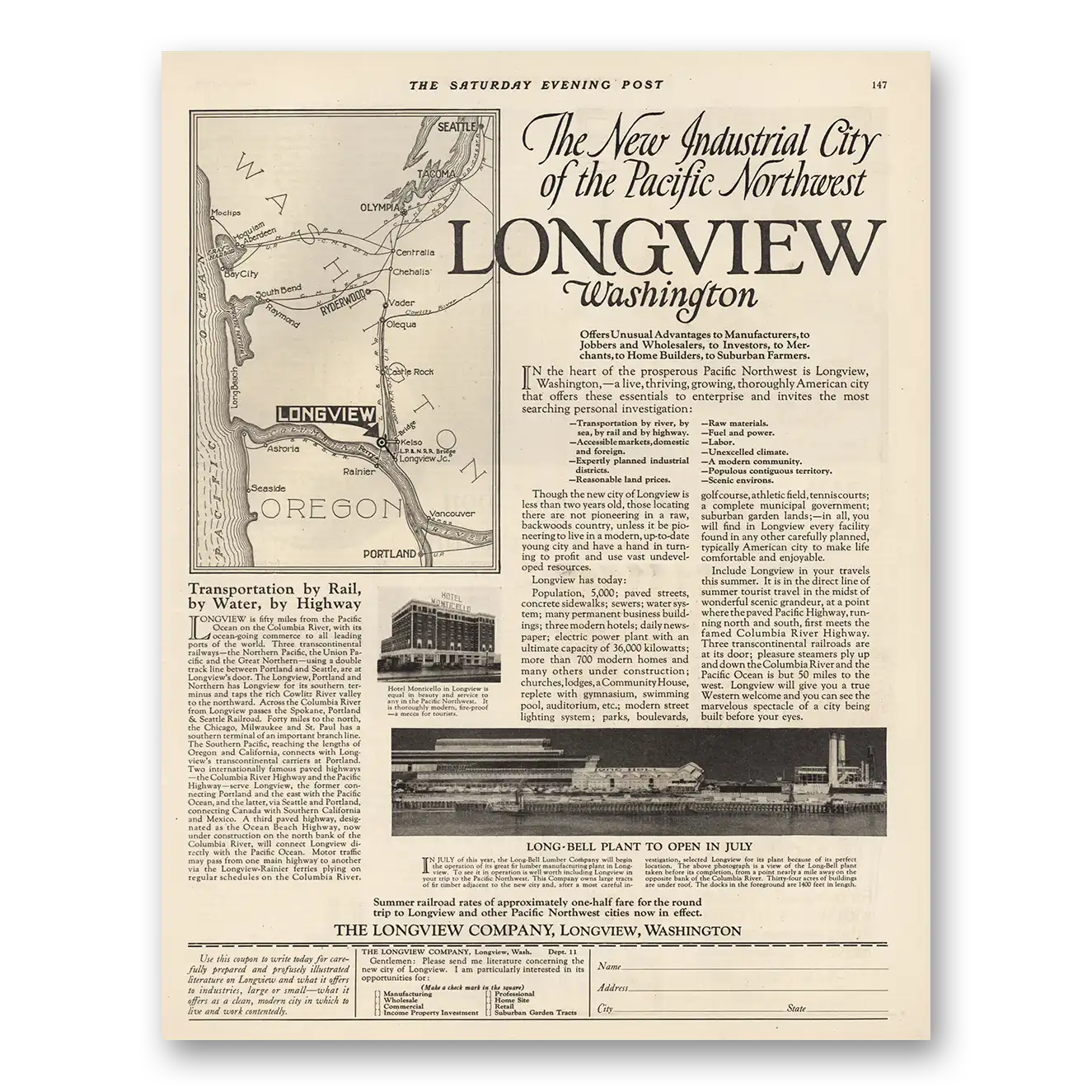 1924 Longview Washington New Industrial City Vintage Magazine Print Ad