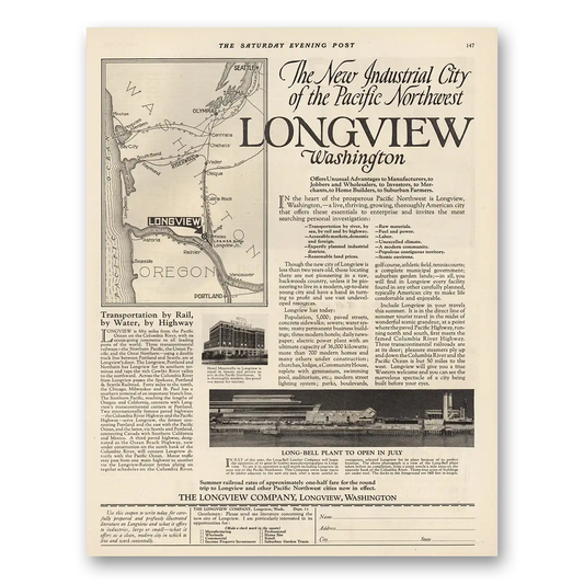 1924 Longview Washington New Industrial City Vintage Magazine Print Ad