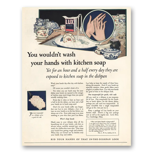 1924 Lux Soap Wouldn’t Wash Hands Kitchen Soap Vintage Magazine Print Ad