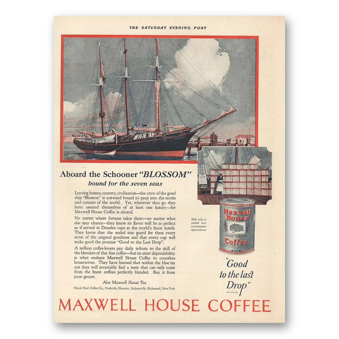 1924 Maxwell House Coffee Aboard the Schooner Blossom Vintage Magazine Print Ad