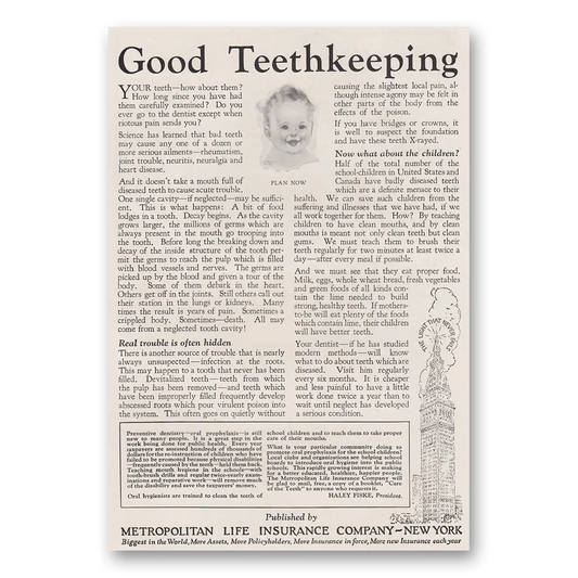 1924 Metropolitan Life Insurance Good Teethkeeping Vintage Magazine Print Ad