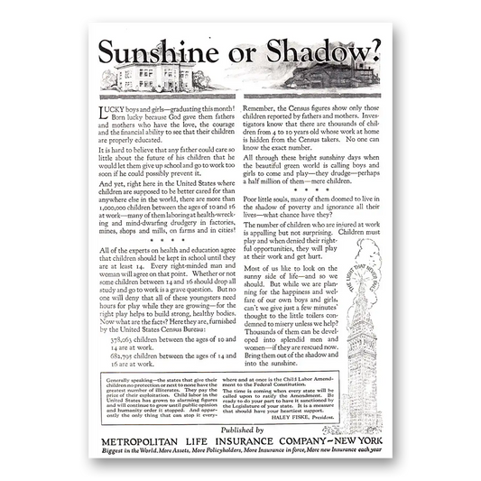 1924 Metropolitan Life Insurance Sunshine or Shadow Vintage Magazine Print Ad