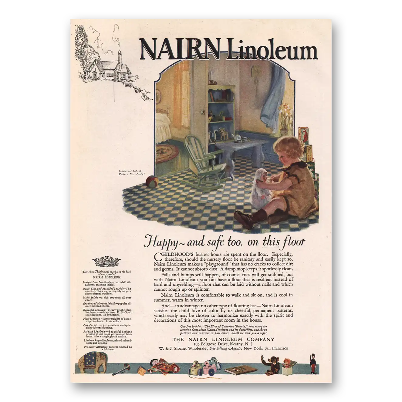 1924 Nairn Linoleum Happy and Safe Too Vintage Magazine Print Ad