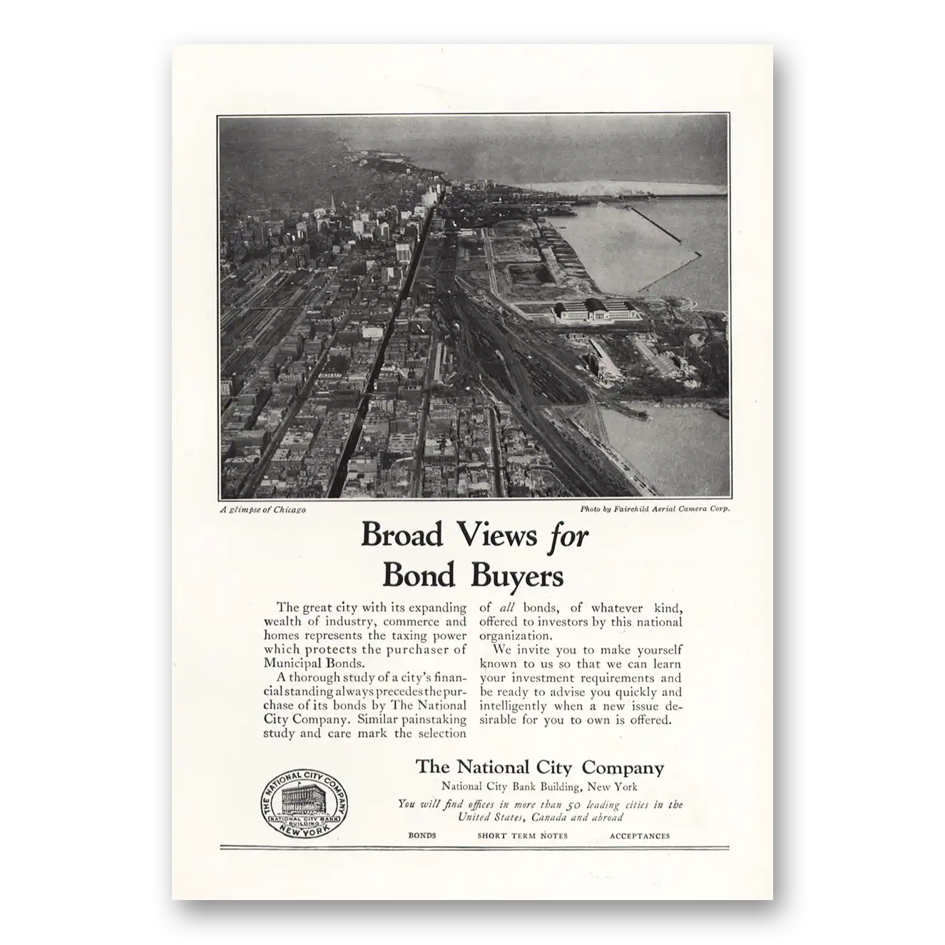 1924 National City Company Broad Views for Bond Buyers Chicago Vintage Magazine Print Ad