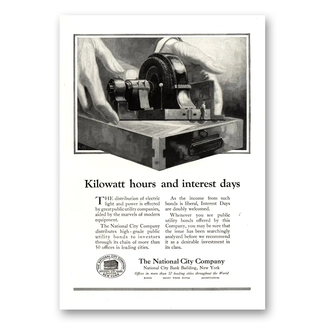 1924 National City Company Kilowatt Hours and Interest Days Vintage Magazine Print Ad