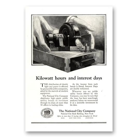 1924 National City Company Kilowatt Hours and Interest Days Vintage Magazine Print Ad