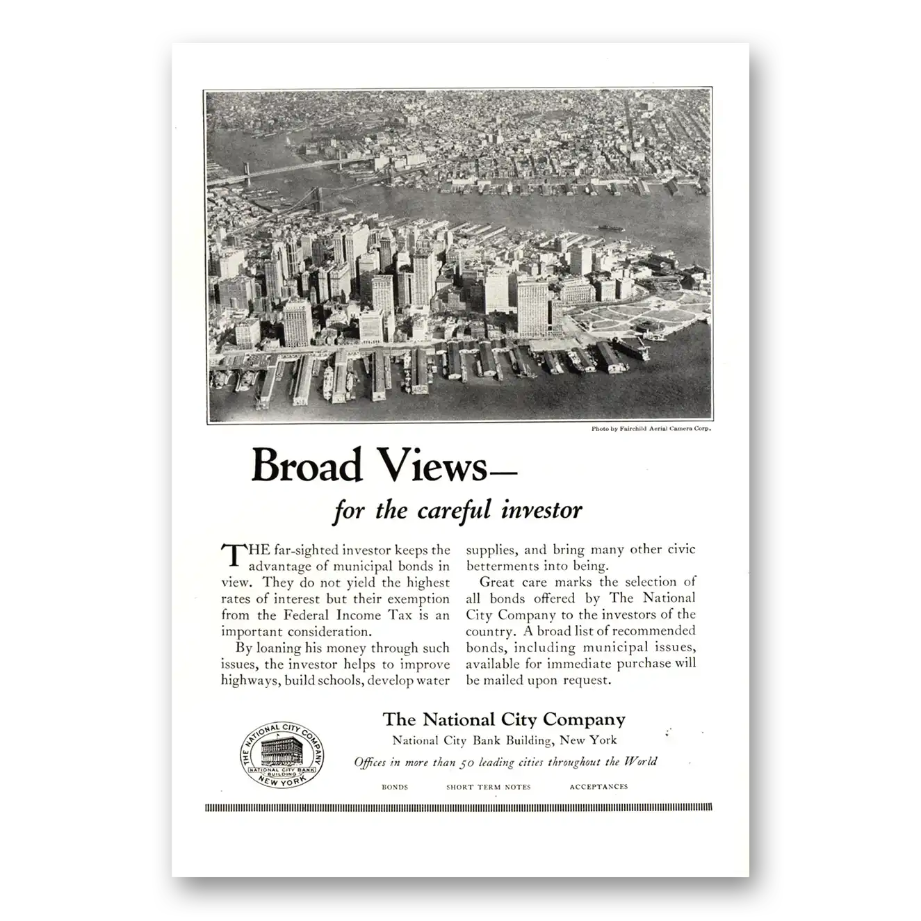 1924 National City Company Broad Views Vintage Magazine Print Ad