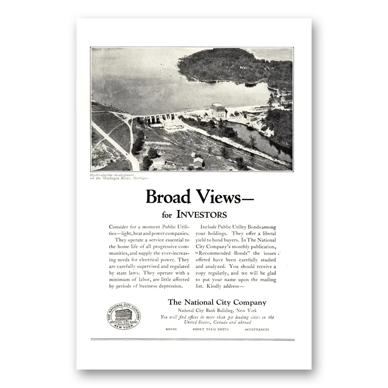 1924 National City Company Muskegon River Michigan Vintage Magazine Print Ad