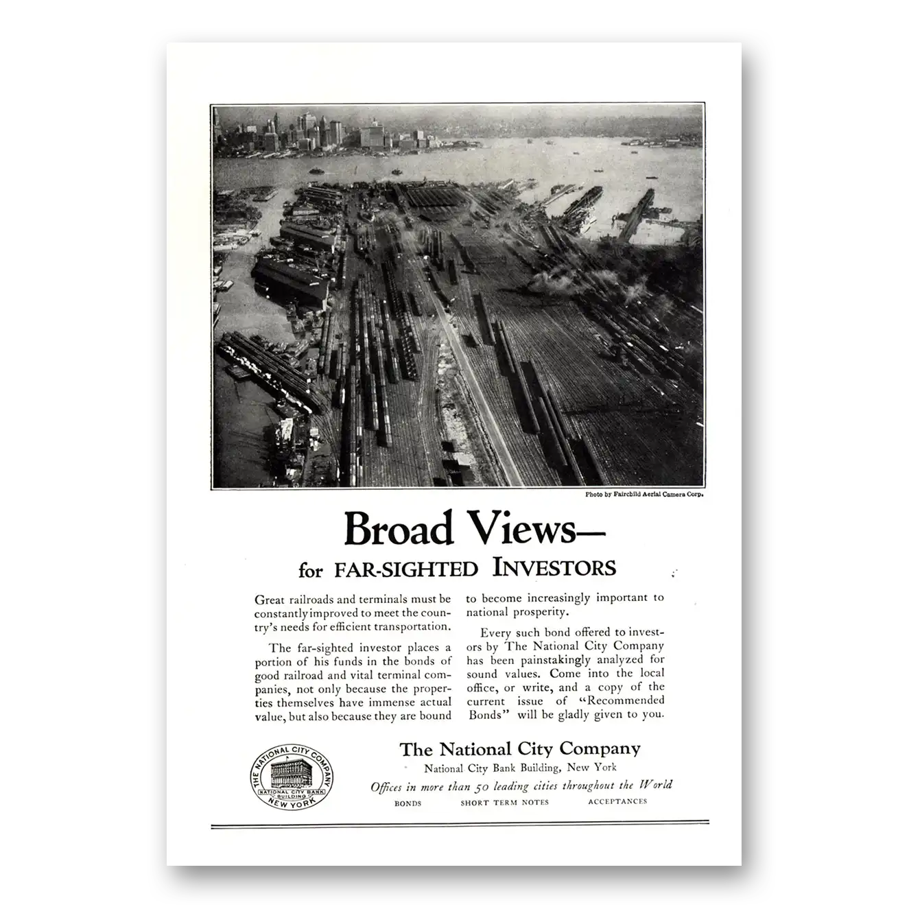 1924 National City Company Broad Views Great Railroads Terminals Vintage Magazine Print Ad