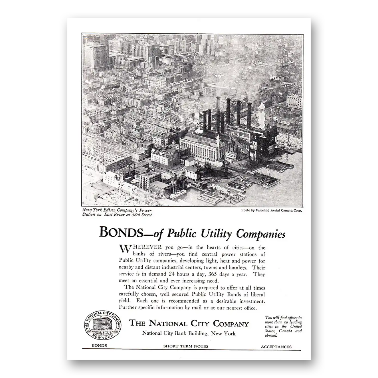 1924 National City Company Bonds of Public Utility Companies Vintage Magazine Print Ad