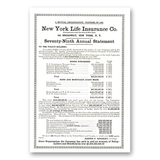 1924 New York Life Insurance Seventy Ninth Annual Statement Vintage Magazine Print Ad