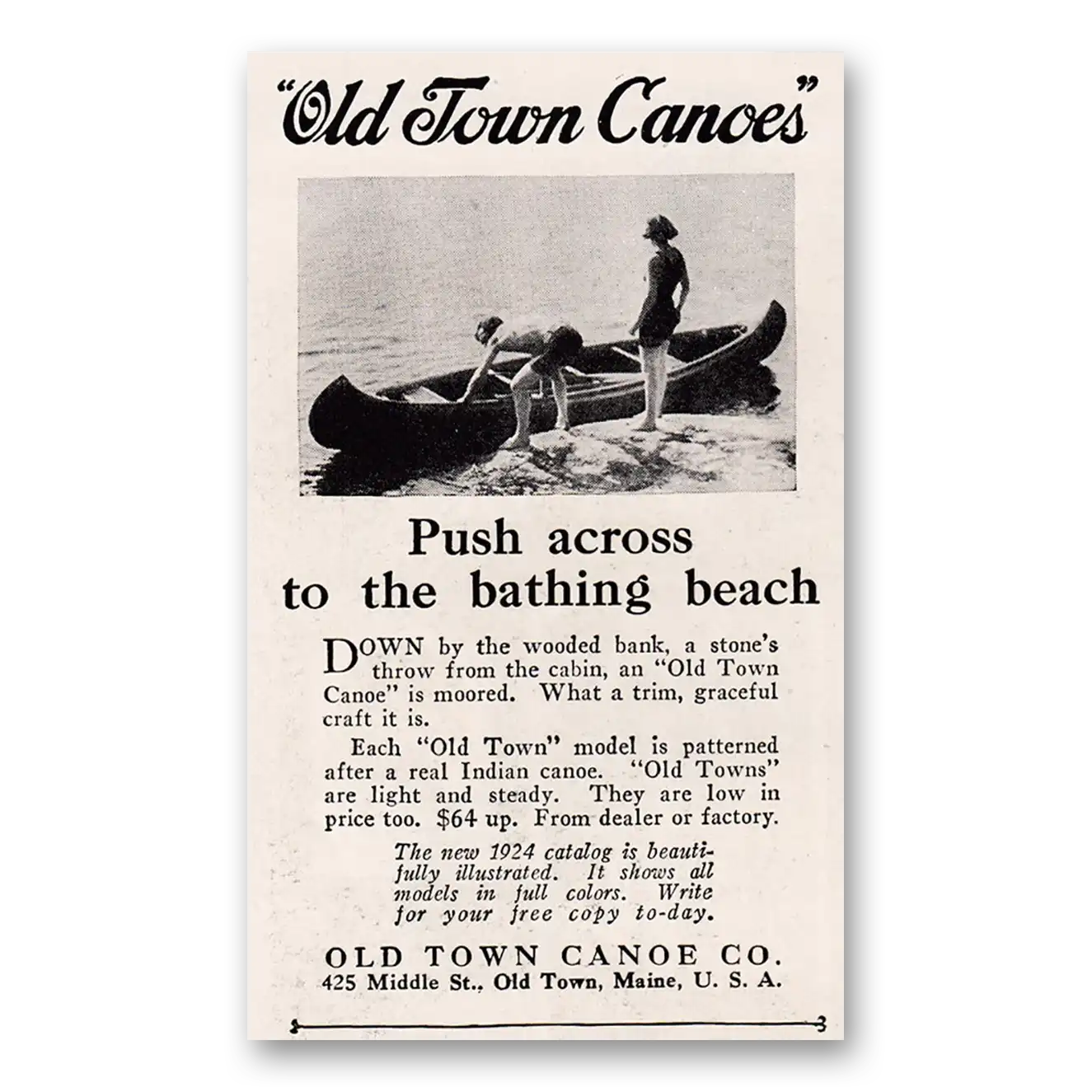 1924 Old Town Canoe Push Across to the Bathing Beach Vintage Magazine Print Ad