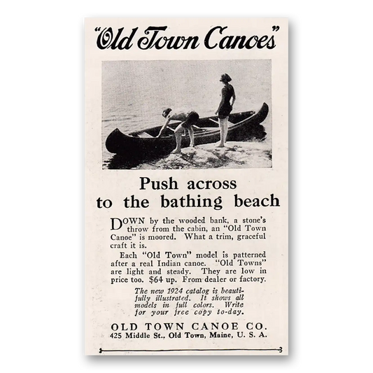 1924 Old Town Canoe Push Across to the Bathing Beach Vintage Magazine Print Ad