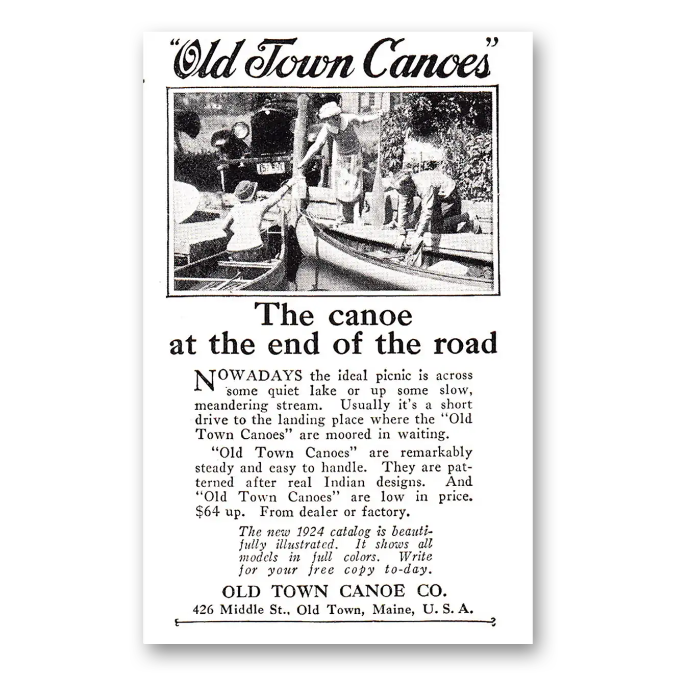 1924 Old Town Canoe Canoe At the End of the Road Vintage Magazine Print Ad