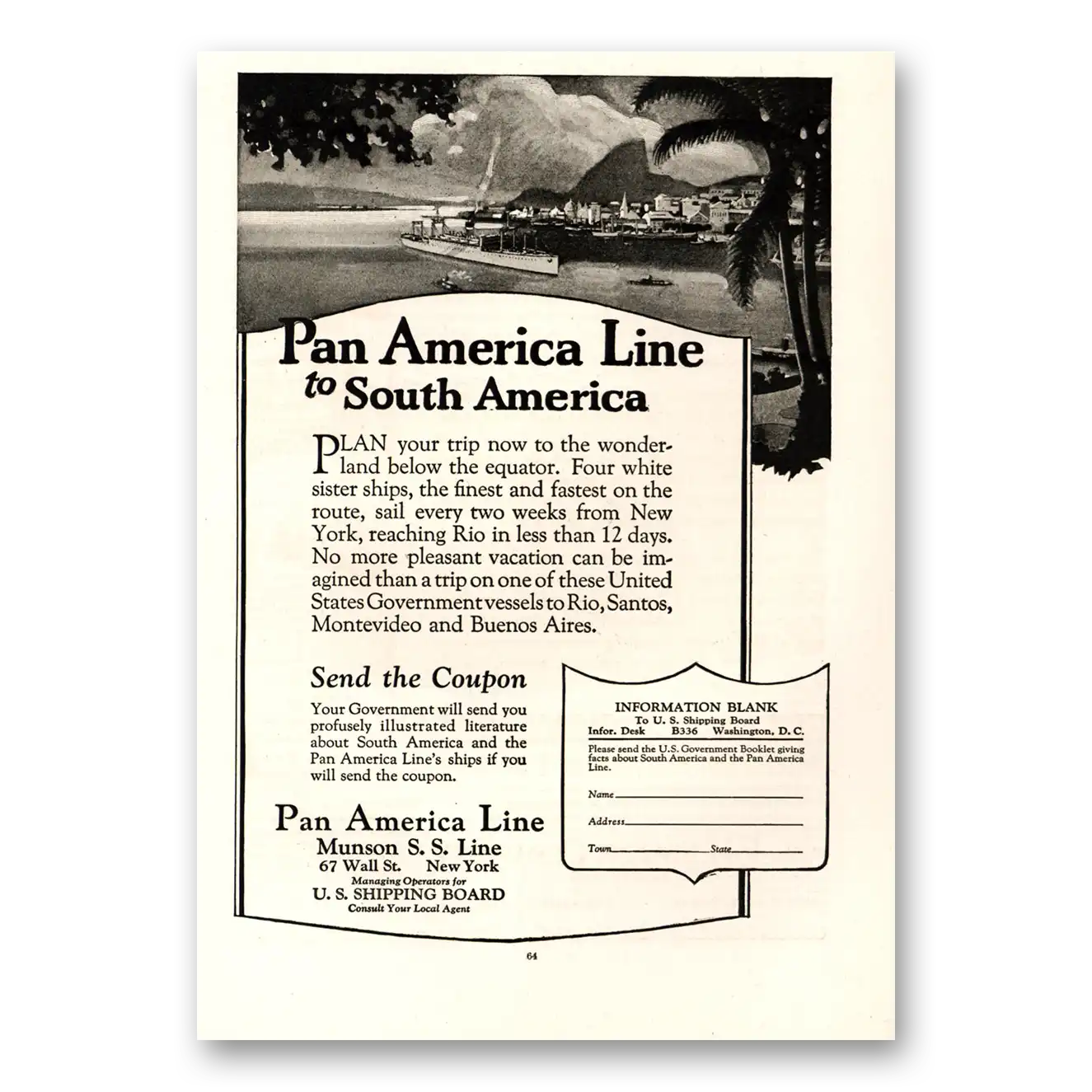 1924 Pan America Line South America Plan Your Trip Vintage Magazine Print Ad