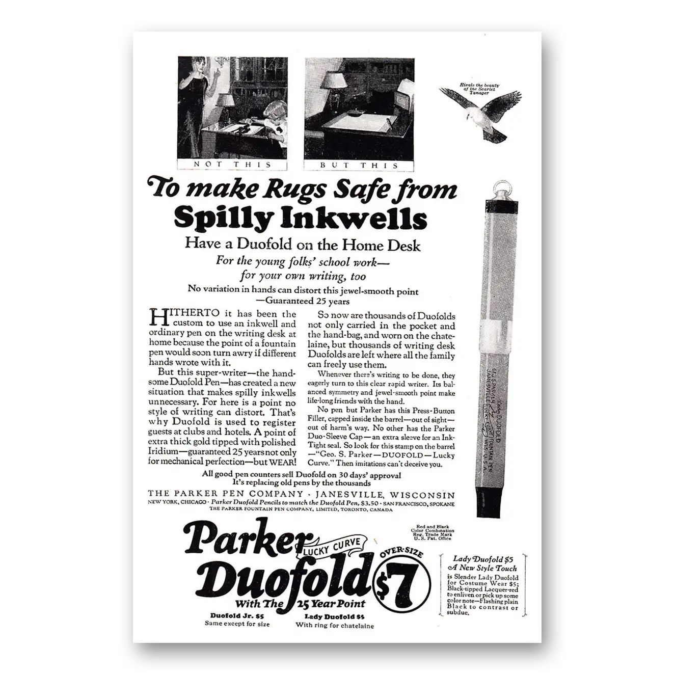 1924 Parker Duofold Pen Make Rugs Safe From Spilly Inkwells Vintage Magazine Print Ad