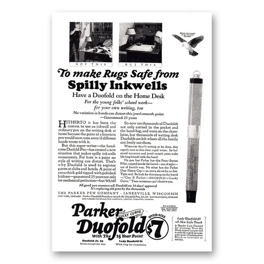 1924 Parker Duofold Pen Make Rugs Safe From Spilly Inkwells Vintage Magazine Print Ad