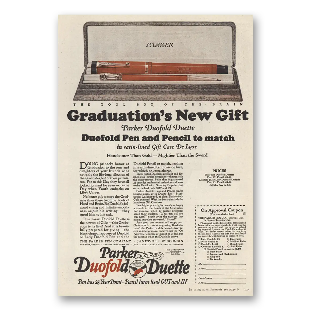 1924 Parker Duofold Duette Pen Graduations New Gift Vintage Magazine Print Ad