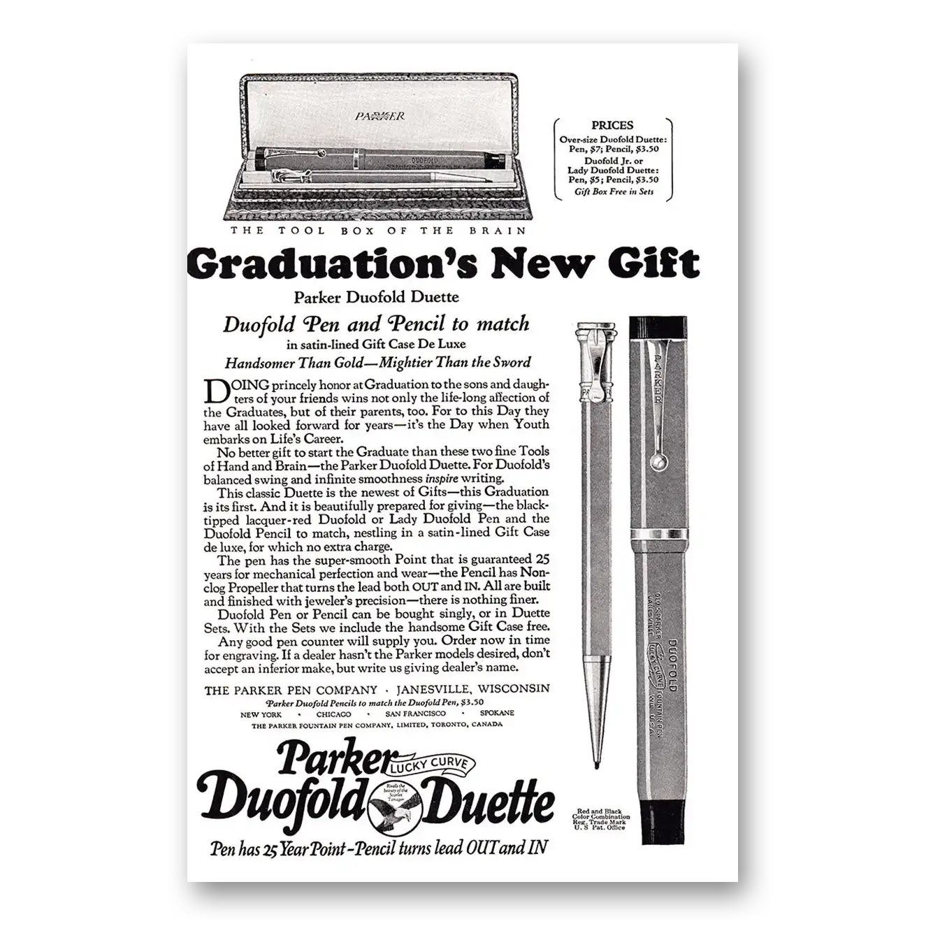 1924 Parker Duofold Duette Pen Graduations New Gift Vintage Magazine Print Ad