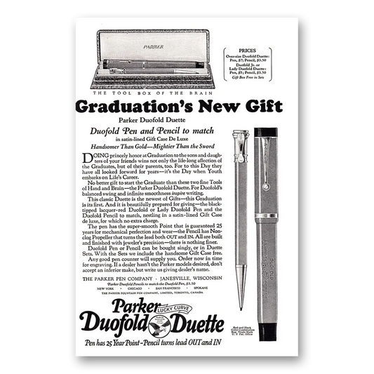 1924 Parker Duofold Duette Pen Graduations New Gift Vintage Magazine Print Ad