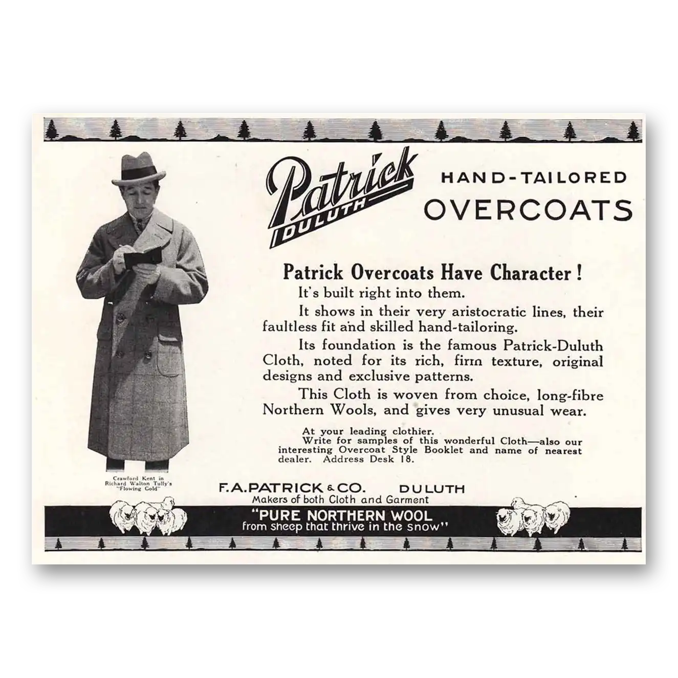 1924 Patrick Overcoats Hand Tailored Overcoats Character Vintage Magazine Print Ad