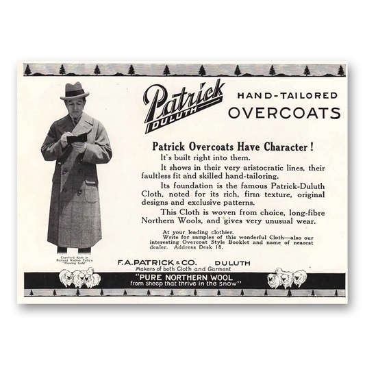 1924 Patrick Overcoats Hand Tailored Overcoats Character Vintage Magazine Print Ad