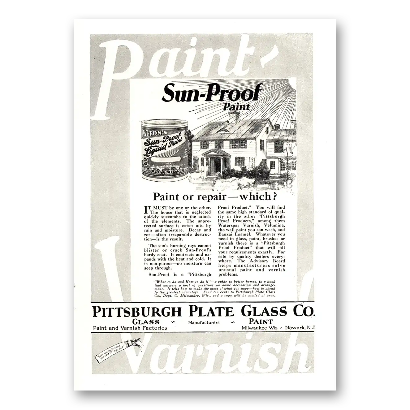 1924 PPG Pittsburgh Plate Glass Sun Proof Vintage Magazine Print Ad