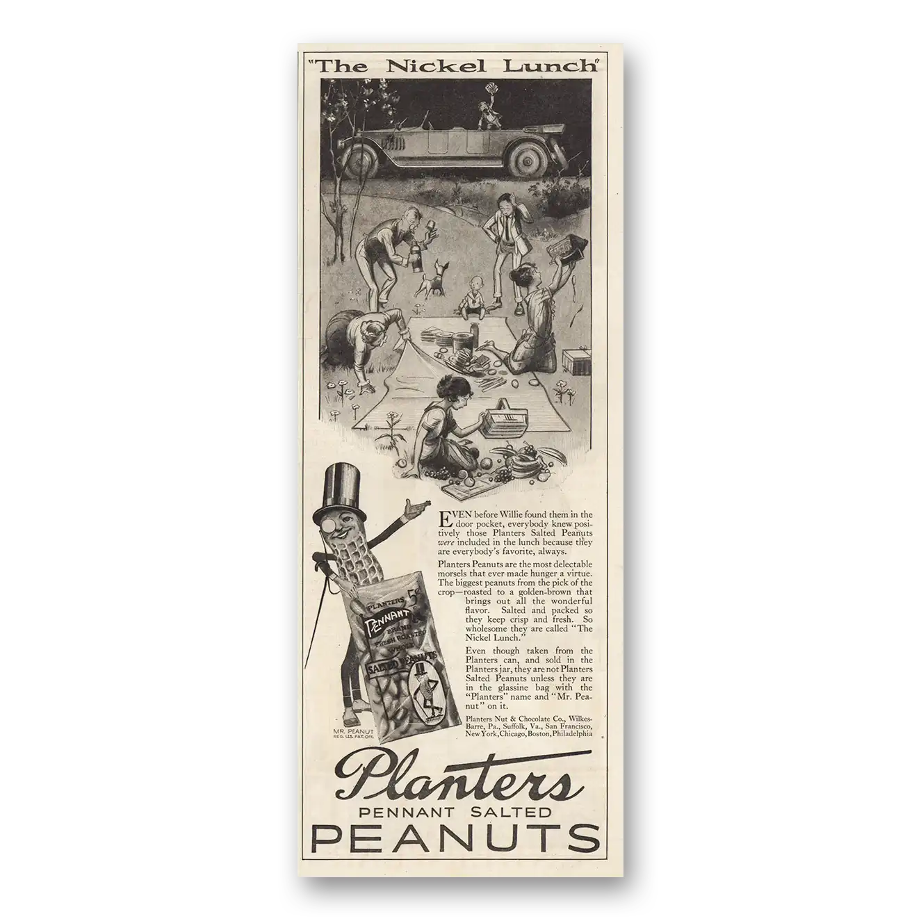 1924 Planters Peanuts The Nickel Lunch Vintage Magazine Print Ad