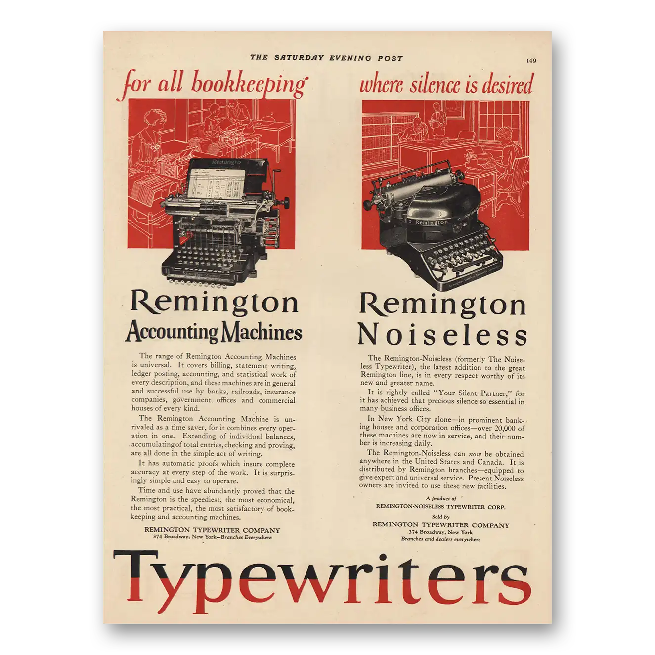 1924 Remington Typewriter Bookkeeping Where Silence Desired Vintage Magazine Print Ad