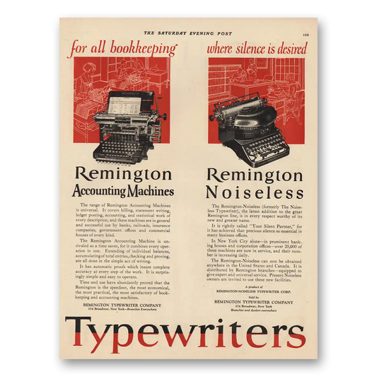 1924 Remington Typewriter Bookkeeping Where Silence Desired Vintage Magazine Print Ad