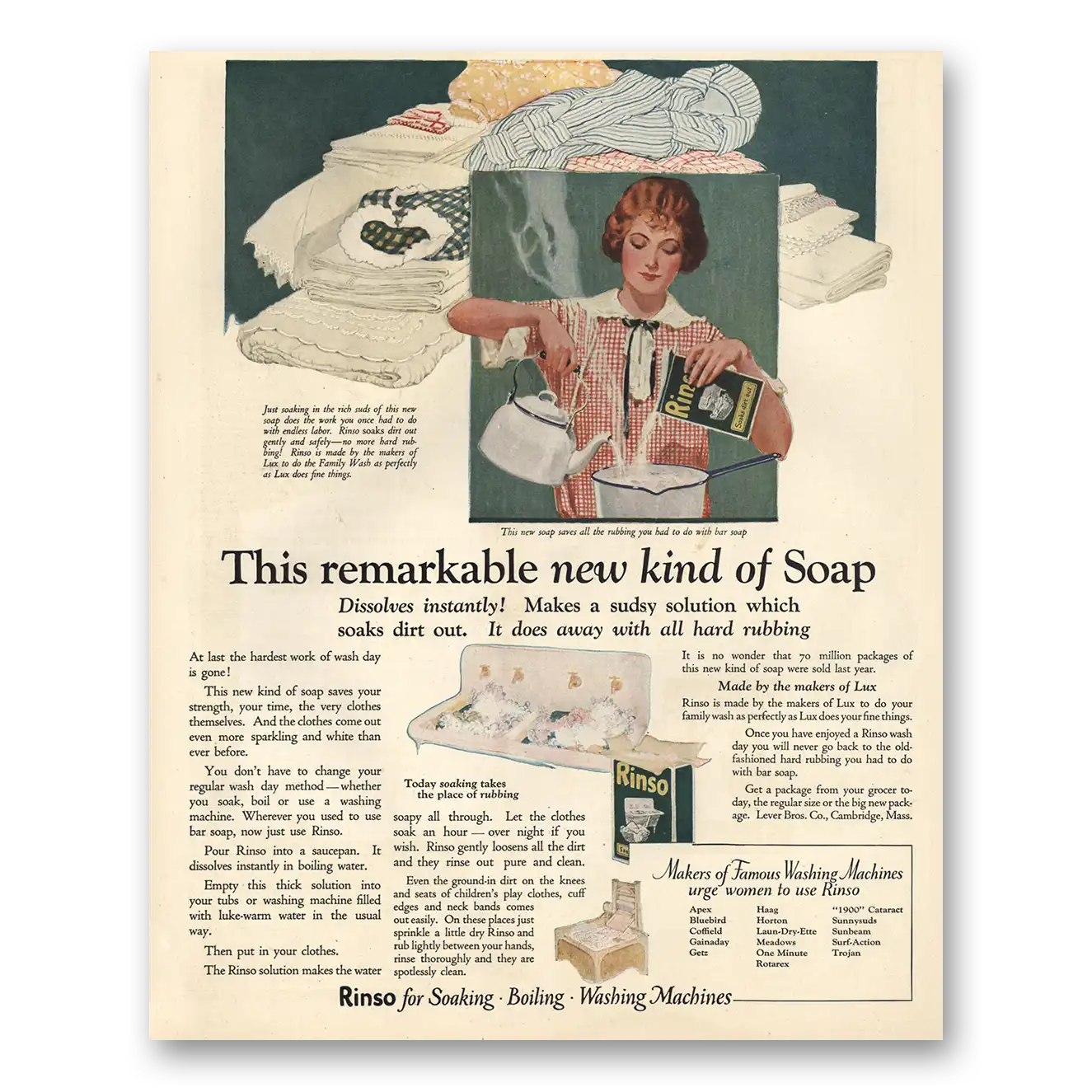 1924 Rinso Remarkable New Kind of Soap Vintage Magazine Print Ad