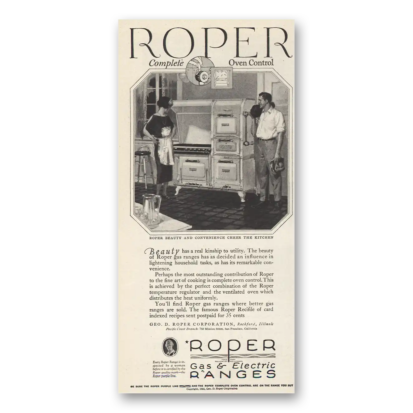 1924 Roper Gas Ranges Complete Oven Control Vintage Magazine Print Ad