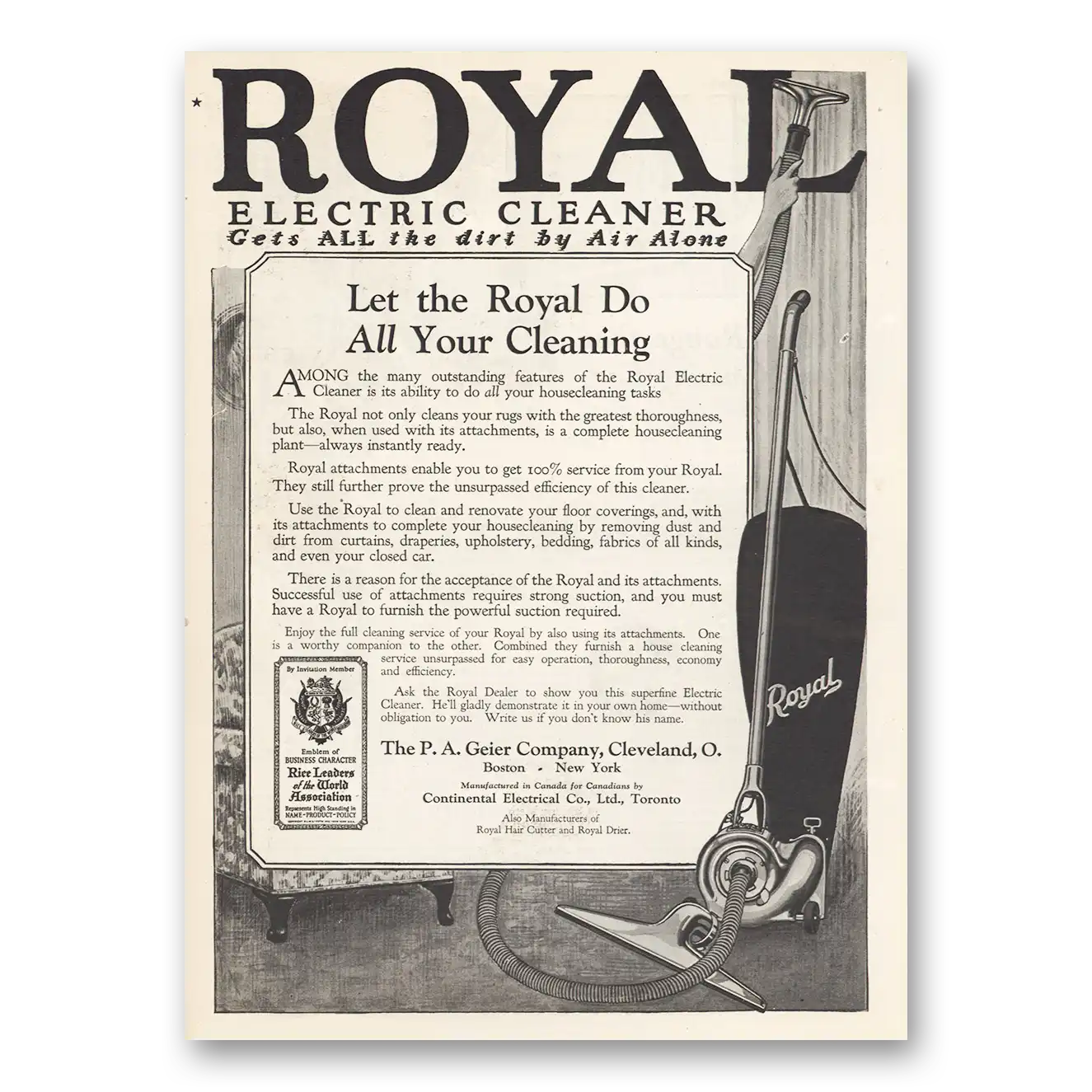 1924 Royal Electric Cleaner Gets All the Dirt by Air Alone Vintage Magazine Print Ad