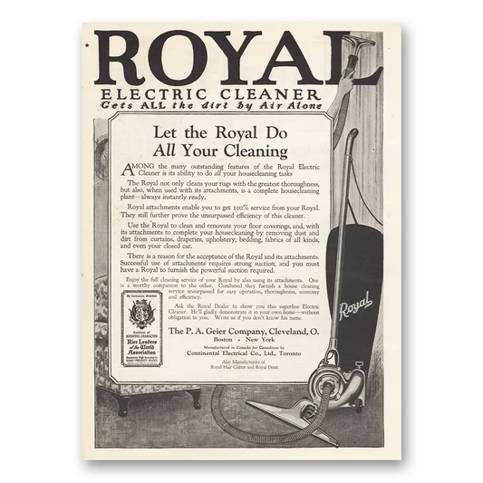 1924 Royal Electric Cleaner Gets All the Dirt by Air Alone Vintage Magazine Print Ad