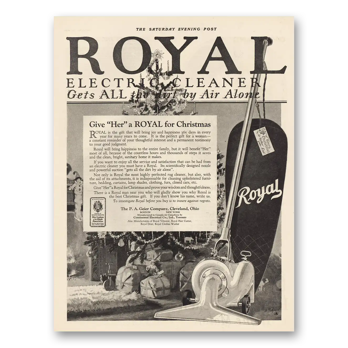 1924 Royal Electric Cleaner Give Her Royal for Christmas Vintage Magazine Print Ad