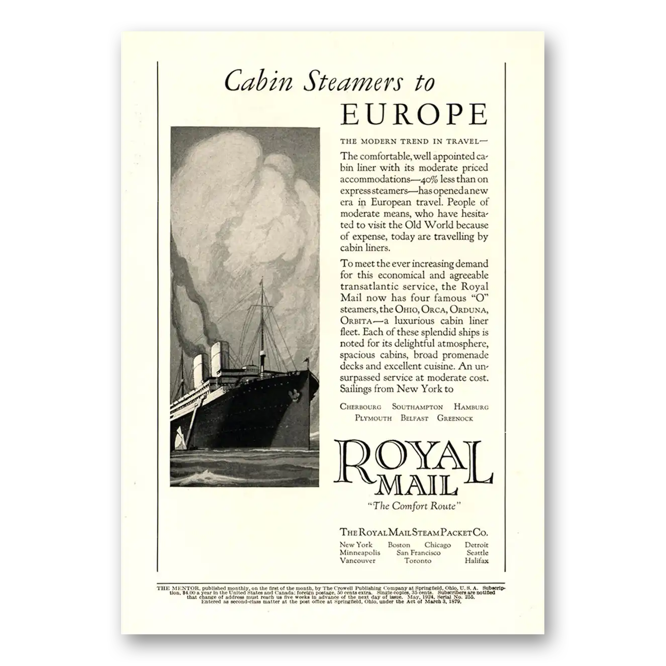 1924 Royal Mail Cabin Steamers to Europe Vintage Magazine Print Ad