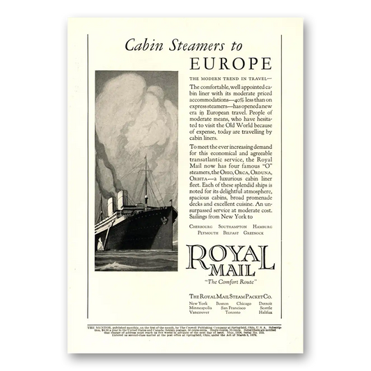 1924 Royal Mail Cabin Steamers to Europe Vintage Magazine Print Ad